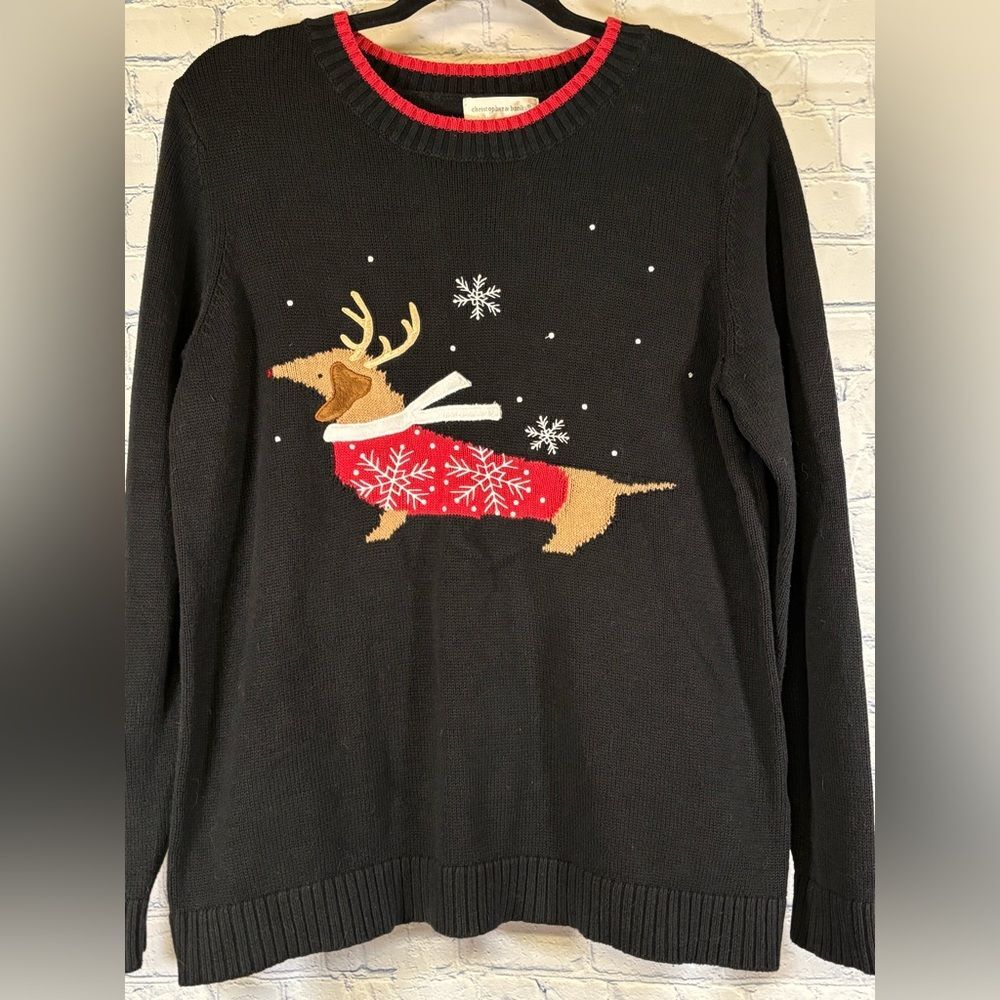 Christopher Banks Dog in Sweater Holiday Whimsical Fun Embroidered Sweater M